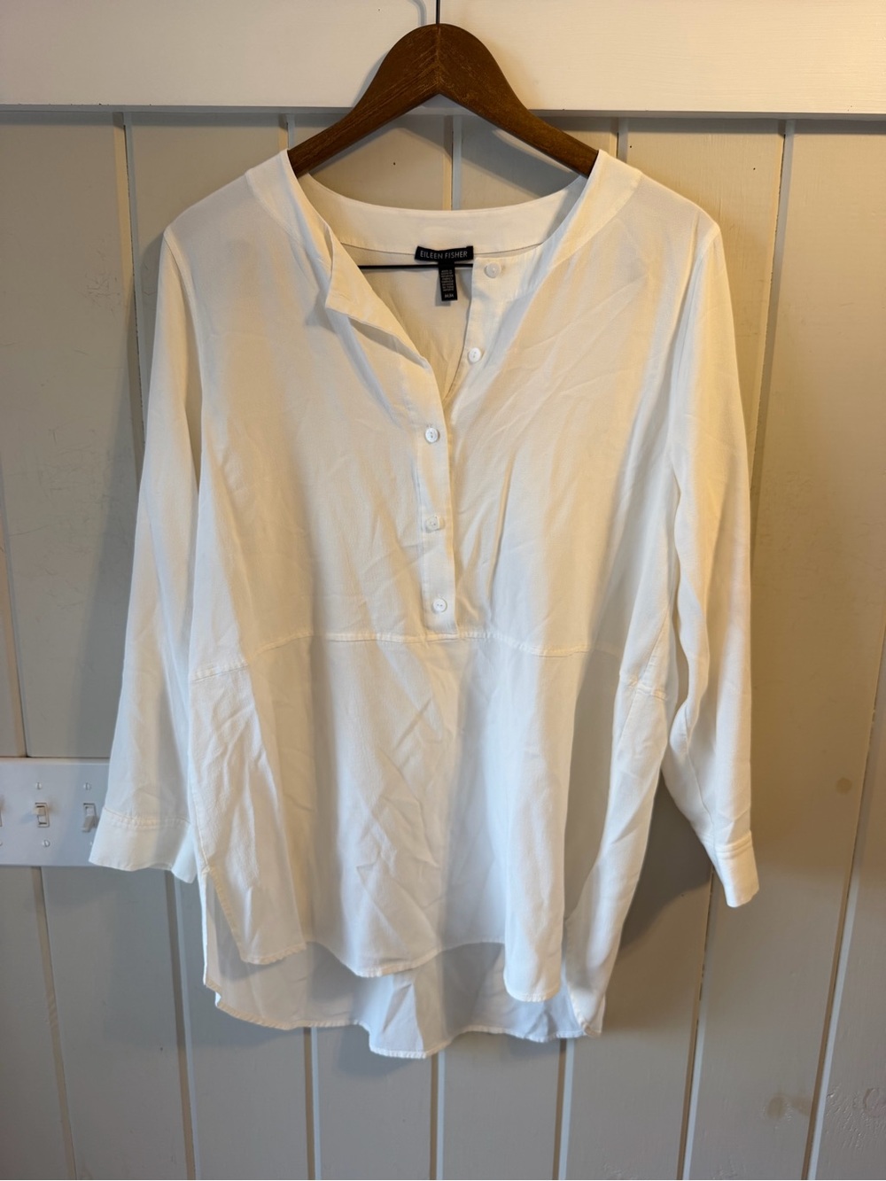 Eileen Fisher Cream Half Button-Up Long Sleeve Blouse, Size Medium